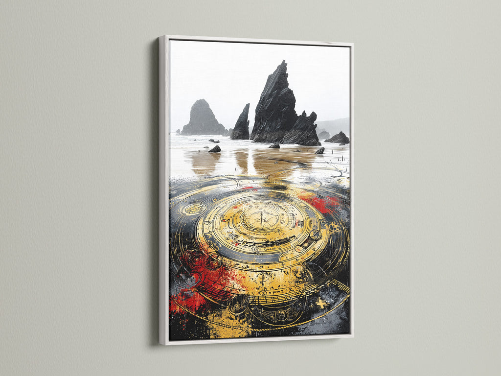 Enhance your space with mystical compass art in a clean white frame. The white frame adds a modern touch to this steampunk decor. Ideal for coastal and tropical styles. Order your fantasy canvas print today.