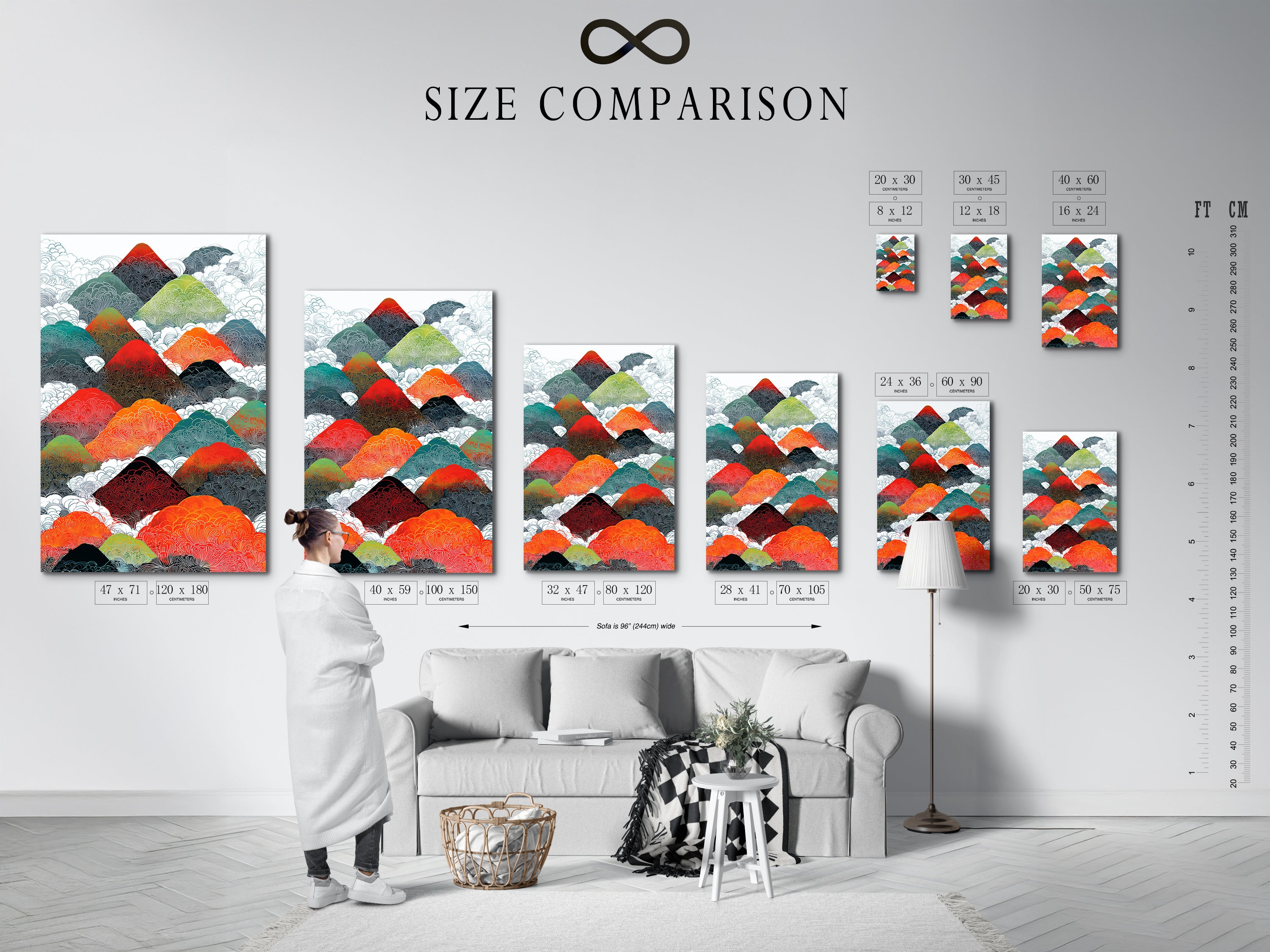 A size comparison chart is displayed in an interior setting. It demonstrates how mountain range artwork fits various spaces. Visualize abstract landscape canvas and colorful nature wall decor options. Plan your home office art arrangement with confidence using this helpful guide.
