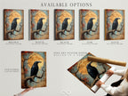 Available options for the raven artwork. Choose between a stretched canvas print a fine art poster paper or a floating frame. Customize your gothic decor to fit your style. Enhance your study room art with these options. Perfect for Halloween art.