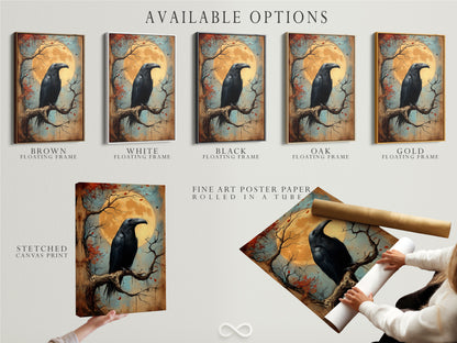 Available options for the raven artwork. Choose between a stretched canvas print a fine art poster paper or a floating frame. Customize your gothic decor to fit your style. Enhance your study room art with these options. Perfect for Halloween art.
