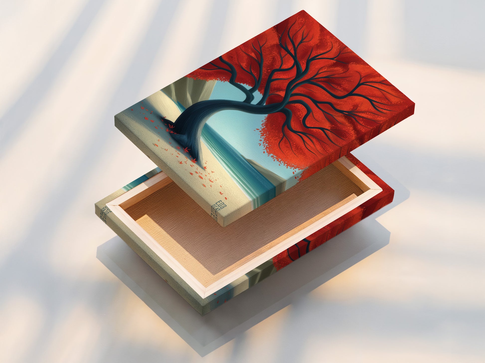 This is a stretched canvas print of the Red Tree coastal landscape artwork. The canvas is stretched perfectly. It is ready to hang and enjoy. This artwork adds a touch of coastal charm to your home decor.