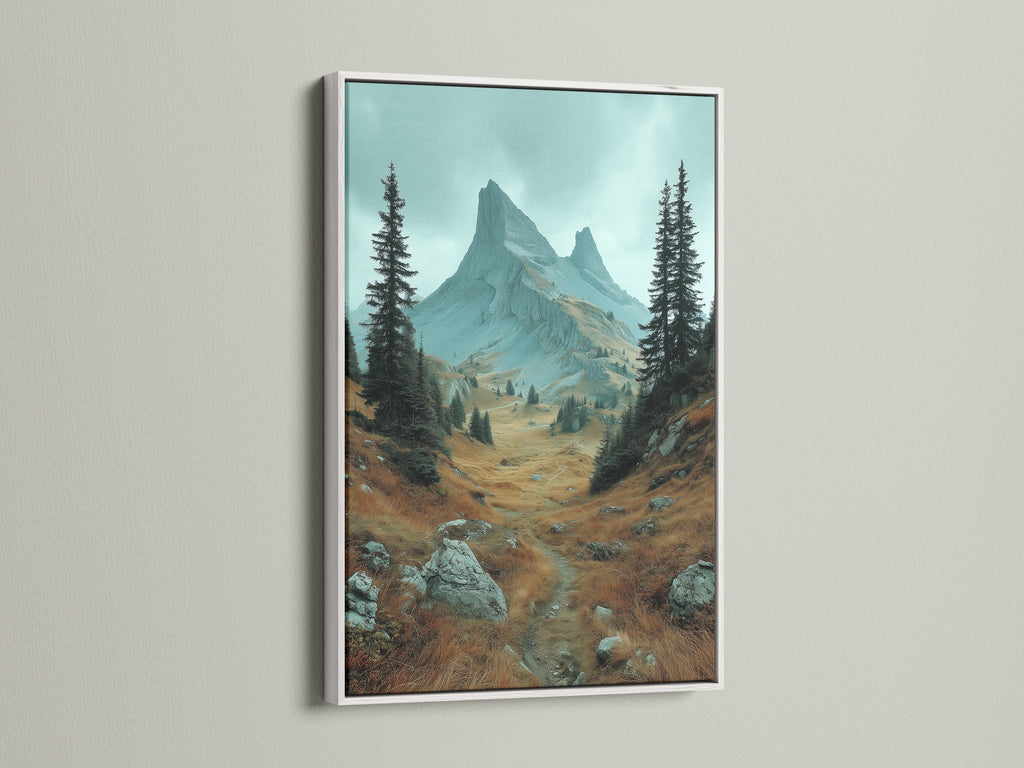 White frame mountain landscape artwork. This landscape wall art brings a serene alpine valley into your home. The white frame enhances the nature photography. It's perfect as mountain decor or earth tone wall art. The artwork adds a fresh touch to any space.