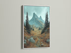 White frame mountain landscape artwork. This landscape wall art brings a serene alpine valley into your home. The white frame enhances the nature photography. It's perfect as mountain decor or earth tone wall art. The artwork adds a fresh touch to any space.