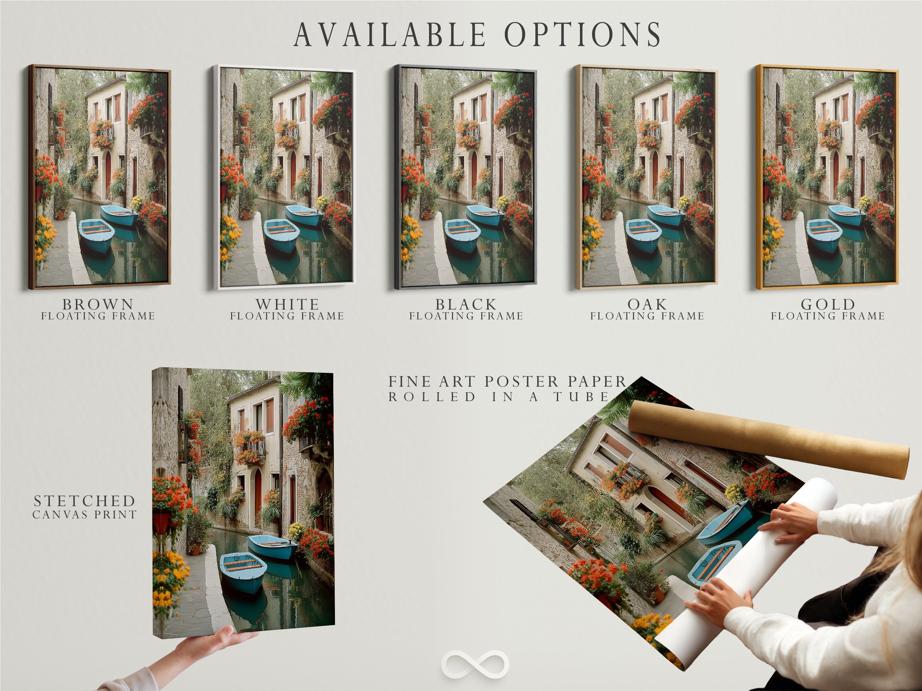 Explore available options for the Venice Canal artwork. Choose from a stretched canvas print a fine art poster or a floating frame. Customize your Italian decor. Perfect for homeowners and renters.