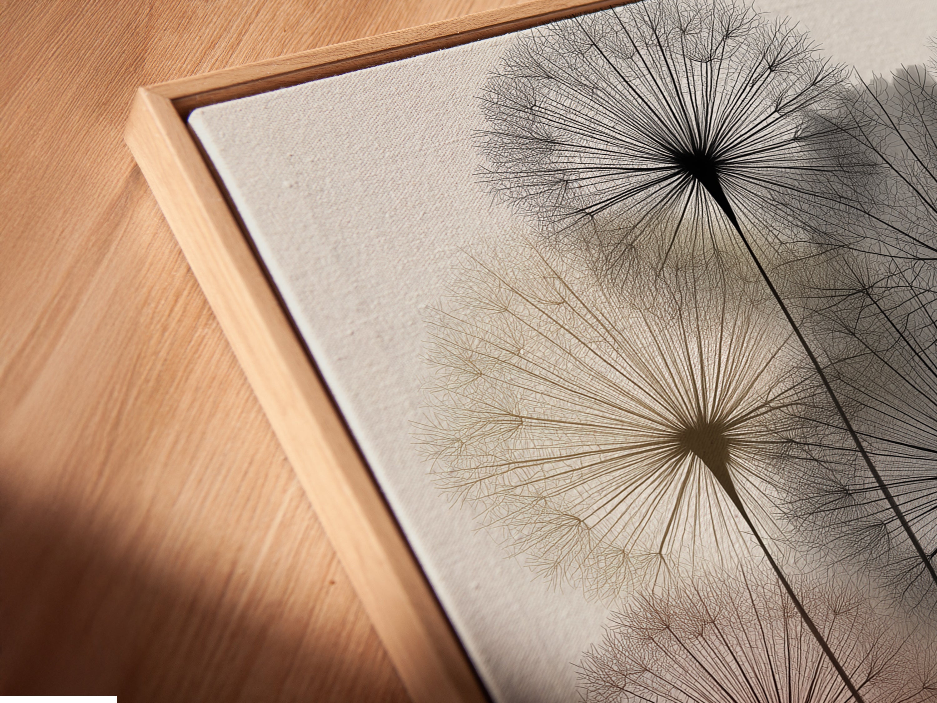 Close up of a canvas print in a floating frame. The dandelion artwork appears to float. This modern floral poster adds depth and style. Enhance your bedroom wall decor with this unique botanical print. A stunning piece of minimalist art.