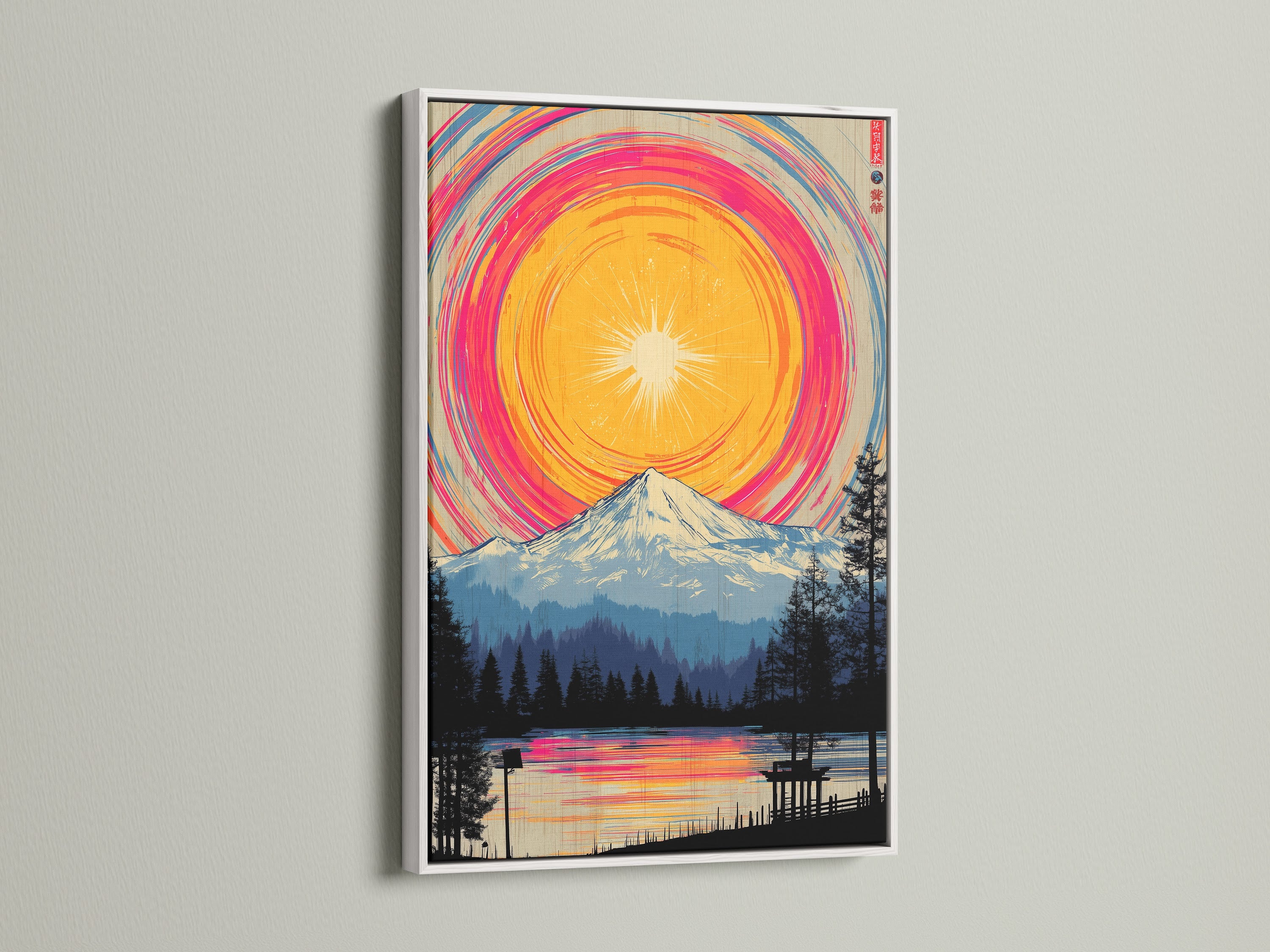 This image shows a mountain lake artwork showcased in a white frame. The colorful landscape poster enhances bedroom decor with its vibrant hues. It offers a serene nature print that complements modern interiors. A perfect wall decoration.