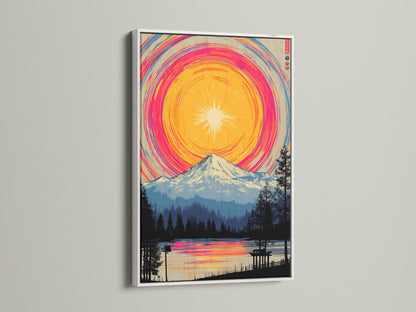 This image shows a mountain lake artwork showcased in a white frame. The colorful landscape poster enhances bedroom decor with its vibrant hues. It offers a serene nature print that complements modern interiors. A perfect wall decoration.