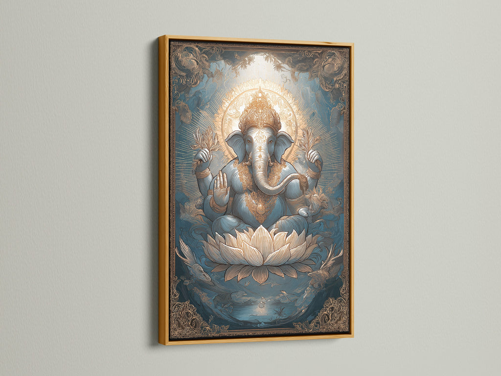 Ganesha Canvas Art in a gold frame. This Hindu deity print is a great spiritual canvas. The Elephant God art is perfect for yoga studio decor. The Lotus art print brings spiritual decor.