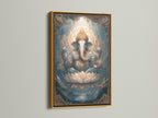 Ganesha Canvas Art in a gold frame. This Hindu deity print is a great spiritual canvas. The Elephant God art is perfect for yoga studio decor. The Lotus art print brings spiritual decor.