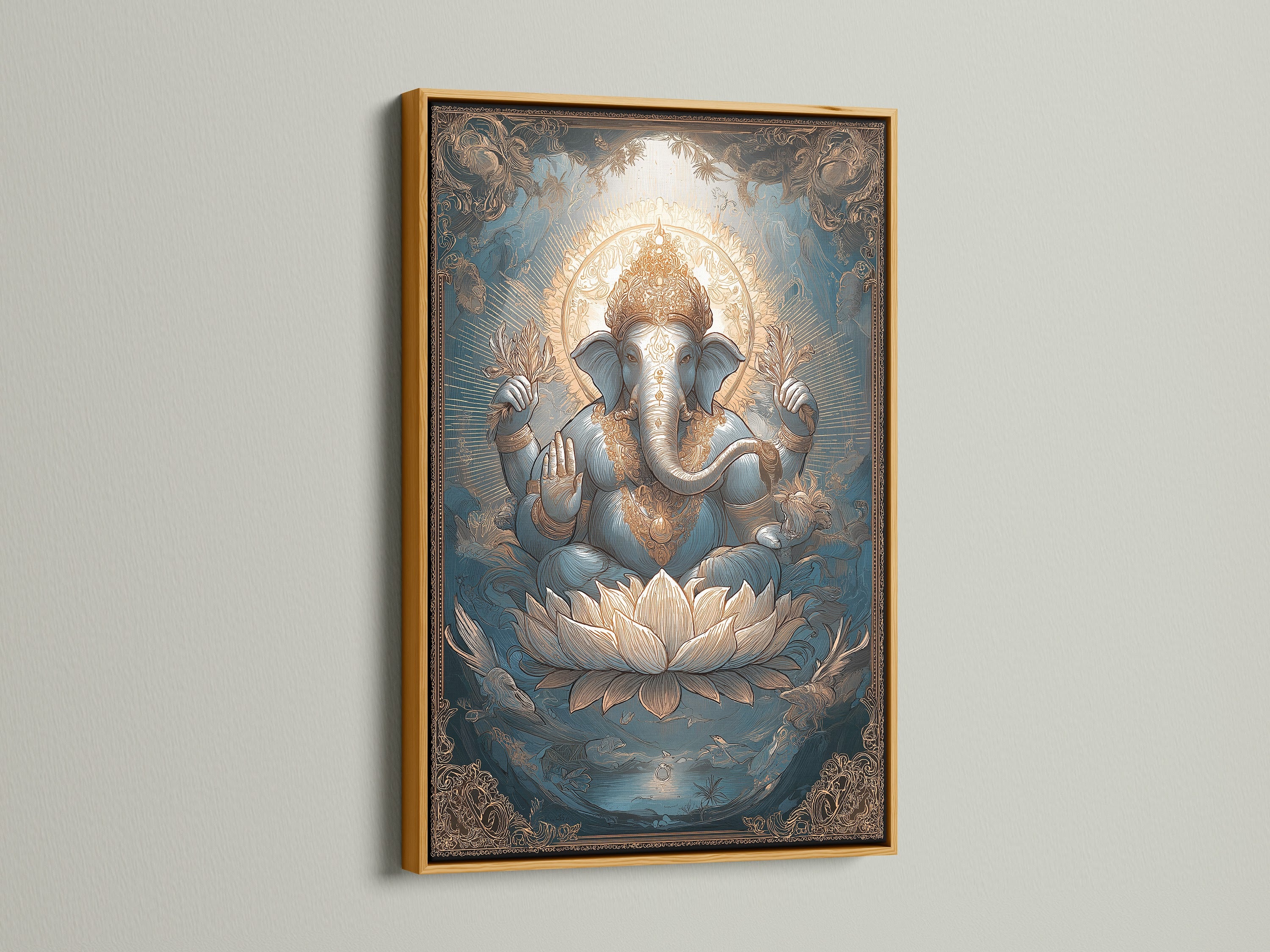 Ganesha Canvas Art in a gold frame. This Hindu deity print is a great spiritual canvas. The Elephant God art is perfect for yoga studio decor. The Lotus art print brings spiritual decor.