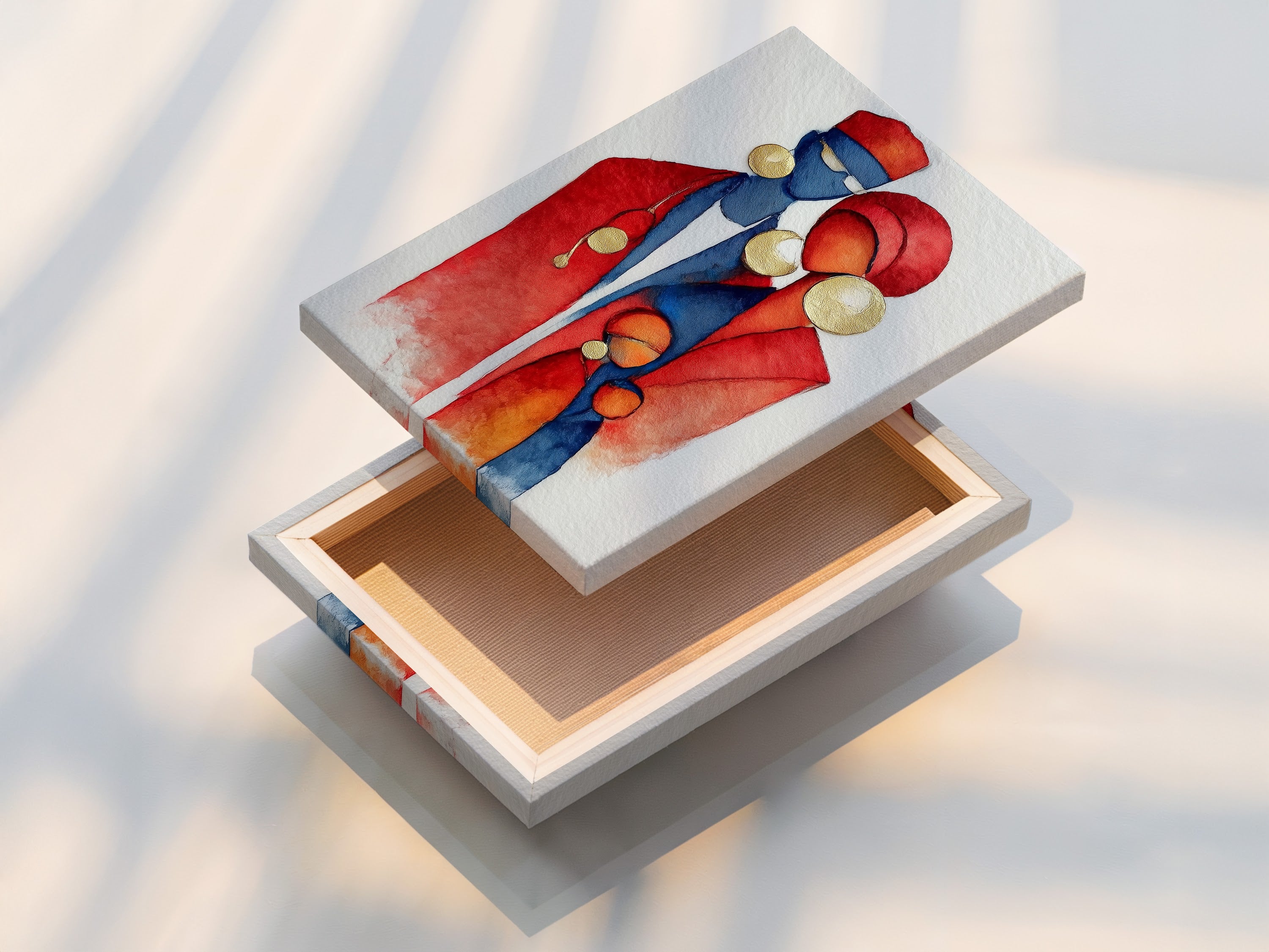 The image shows a stretched canvas print. The contemporary watercolor artwork portrays an African family. Red and blue hues dominate. The stretched canvas is ready to hang. This is a great choice for office or home decor.