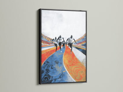 The black frame accentuates a marathon runners canvas print. This athletic artwork is a great addition to any sports themed room. The blue orange track stadium decor provides sports motivation for home gyms or living spaces. A stylish piece of runner art.