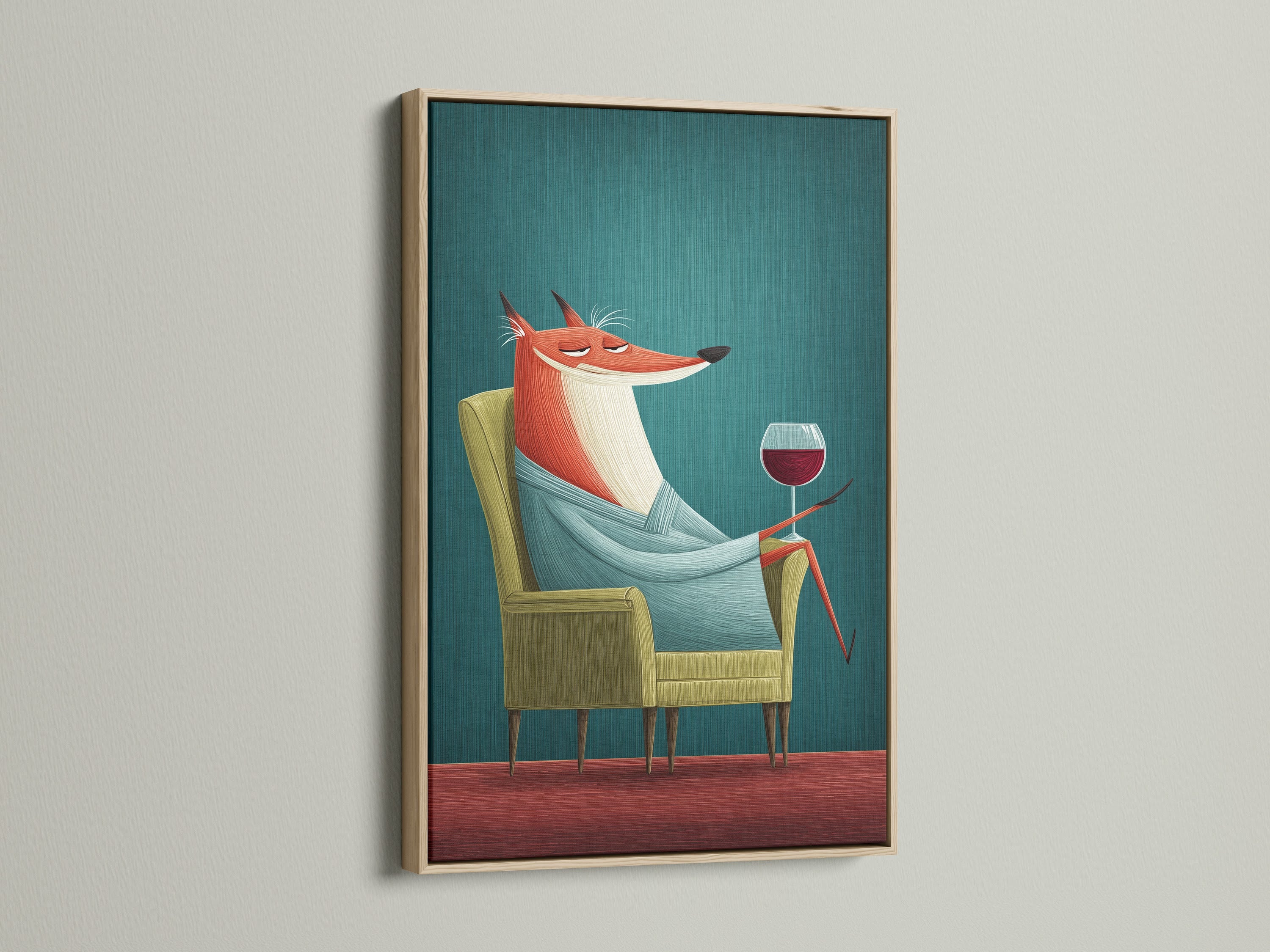 An oak frame showcases a fox enjoying a glass of wine. This animal art print brings quirky retro charm. Perfect as living room wall art. It's a unique piece for any wine enthusiast.