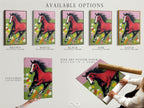 This image presents the available options for a red bay horse artwork. Options include a stretched canvas print fine art poster paper and floating frame. The artwork features a horse galloping through a floral meadow. Choose the perfect format to suit your taste and decor style.