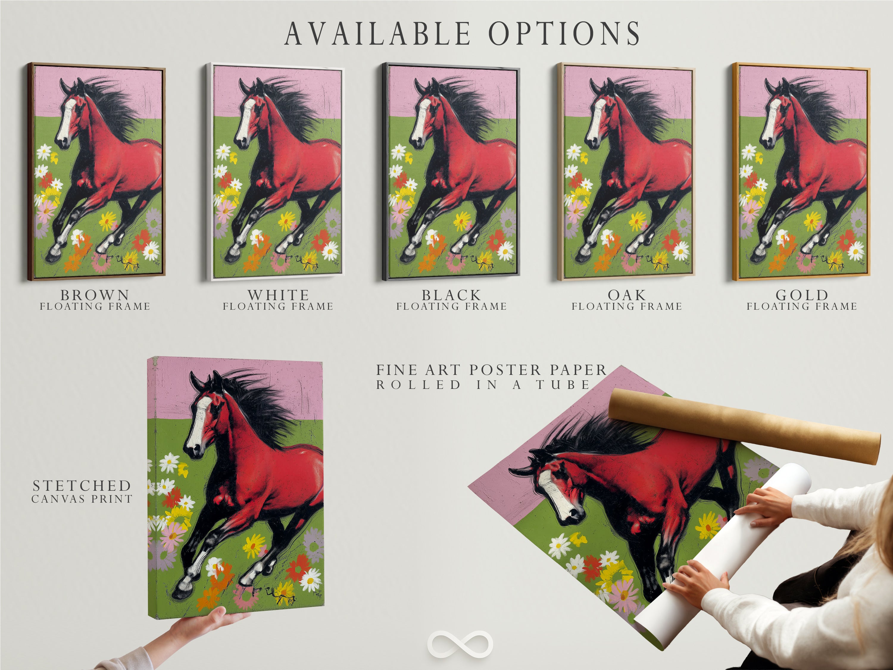 This image presents the available options for a red bay horse artwork. Options include a stretched canvas print fine art poster paper and floating frame. The artwork features a horse galloping through a floral meadow. Choose the perfect format to suit your taste and decor style.