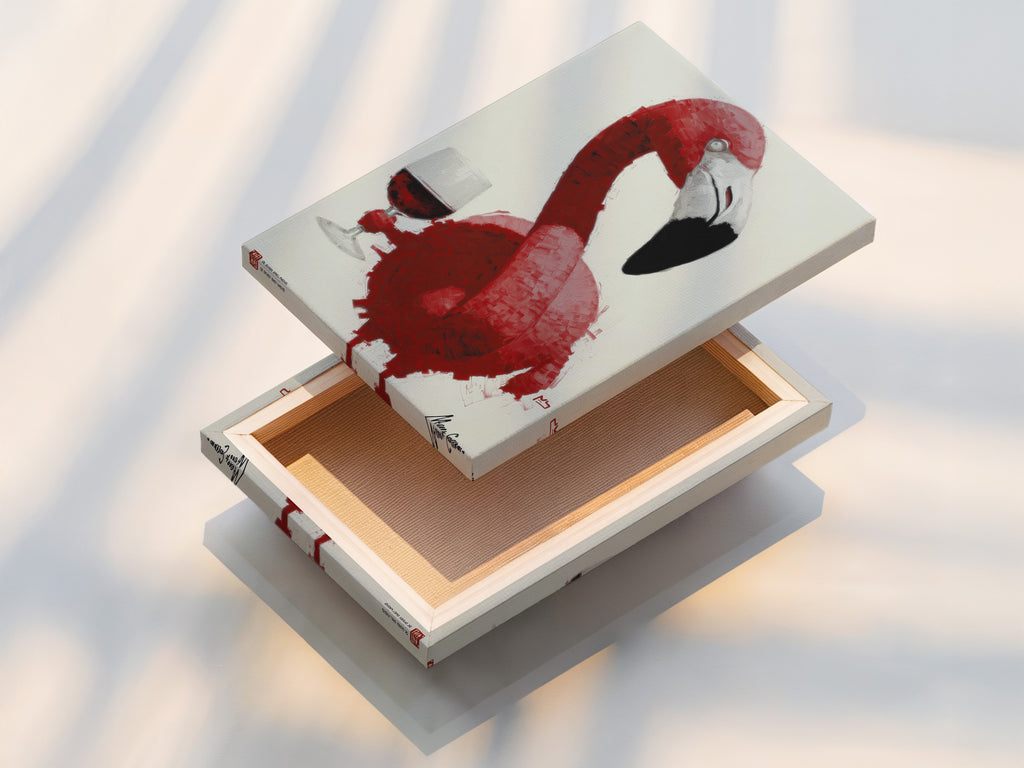 This is a stretched canvas print of a pink flamingo wine art print. This modern animal artwork is ready to hang and enhances any room. Perfect for living rooms or dining rooms. Add a touch of whimsy to your home decor today.