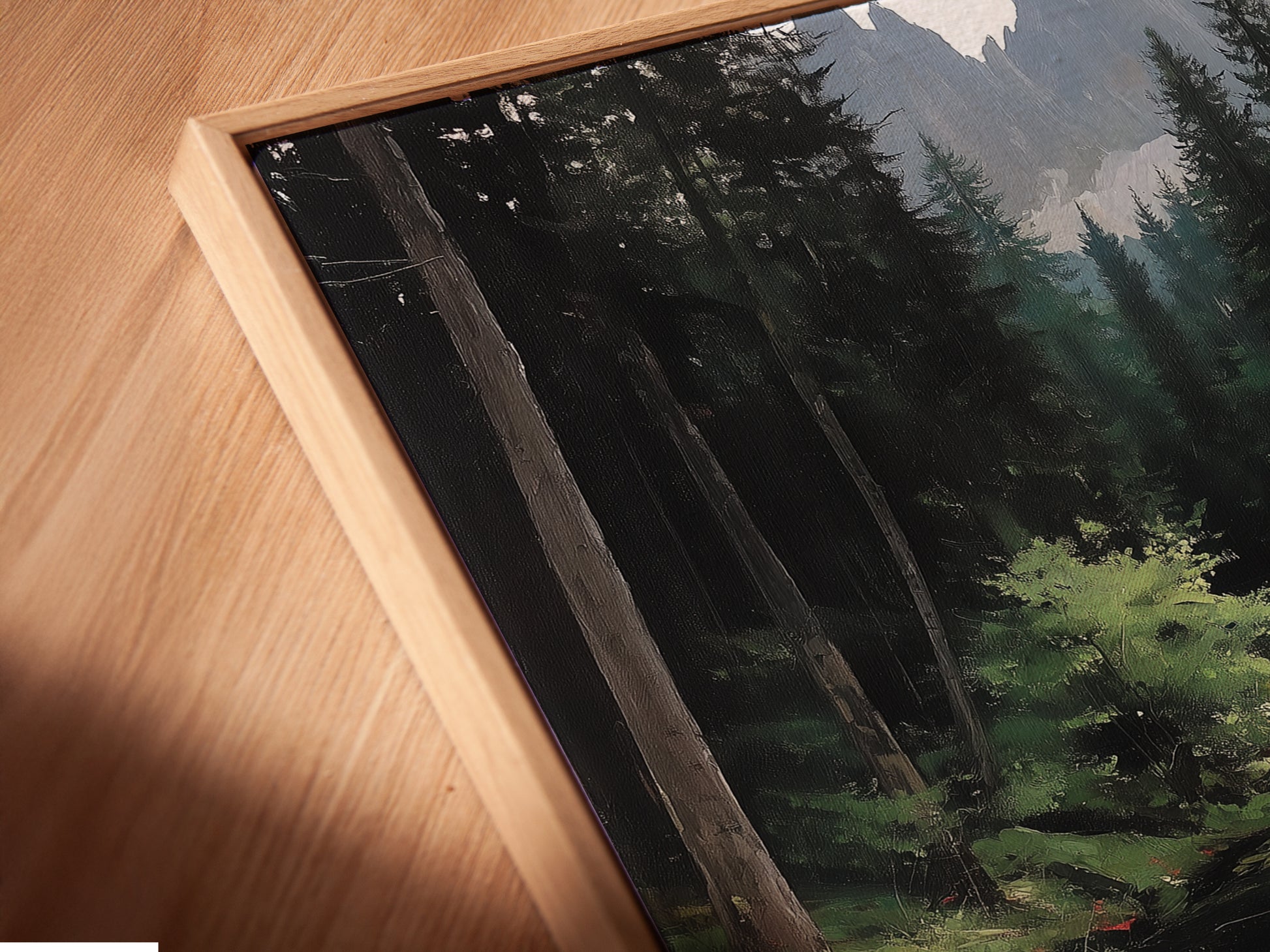 A close-up of the canvas print in a floating frame is displayed. The forest river artwork appears suspended. This modern framing enhances the woodland landscape painting. Emerald green tones bring nature indoors. Perfect for contemporary cabin decor. The floating frame adds depth to the river landscape. Experience art in a unique way.