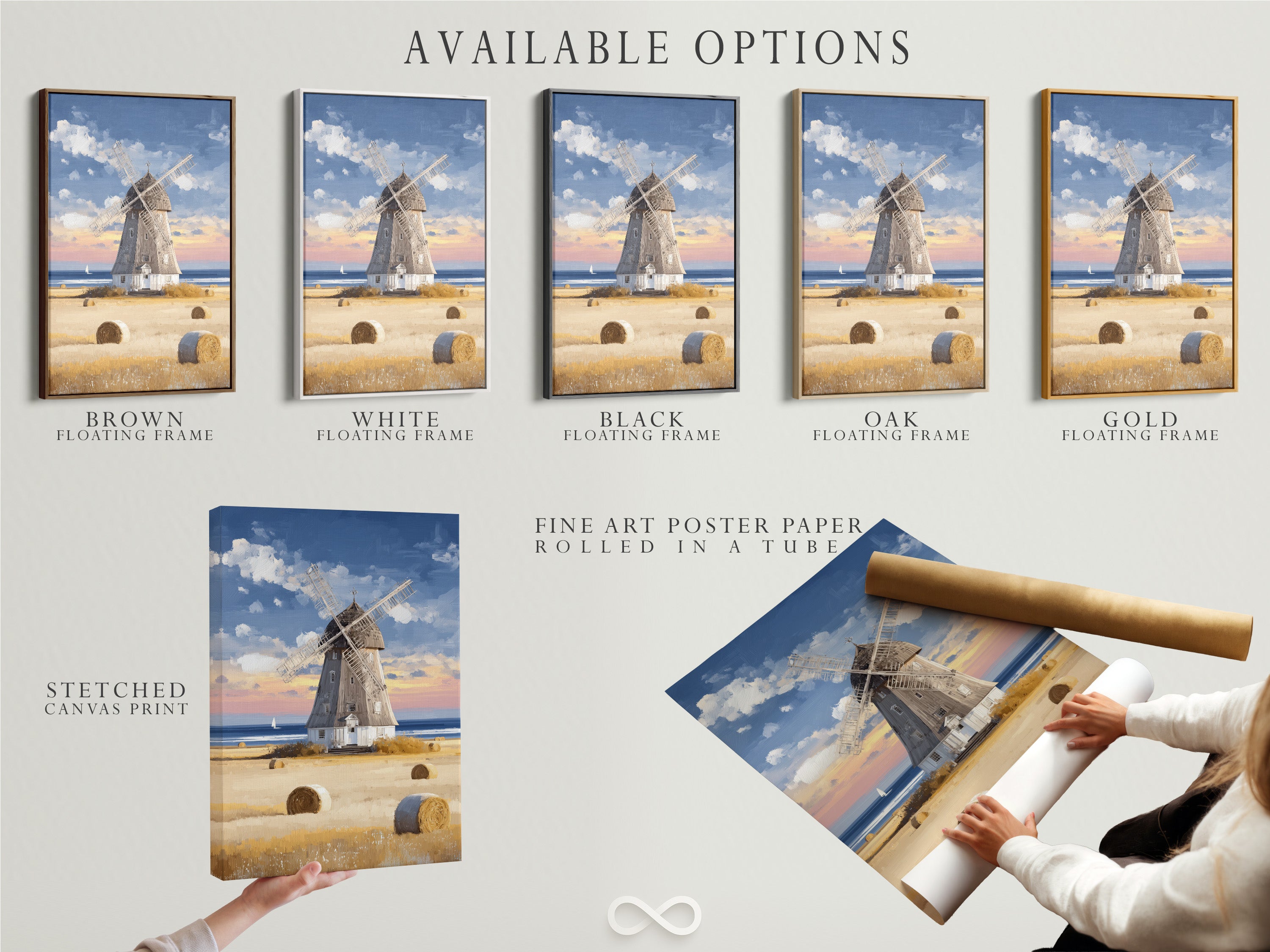 Explore available options for this coastal countryside windmill artwork. Choose from stretched canvas prints fine art poster paper or framed art. Each option showcases golden hay bales and a serene seaside view. Customize your artwork to perfectly match your style and bring vintage farmhouse charm and seaside tranquility to your home.