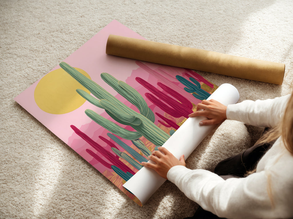 A woman rolls fine art poster paper. This high-quality paper showcases Southwestern cactus artwork beautifully. The art features pink and teal botanical prints. This is a great option for unique wall art. Ideal for framing.