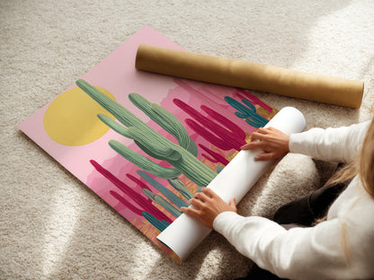 A woman rolls fine art poster paper. This high-quality paper showcases Southwestern cactus artwork beautifully. The art features pink and teal botanical prints. This is a great option for unique wall art. Ideal for framing.