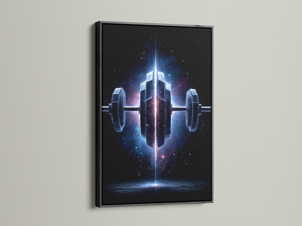 The Cosmic Dumbbell art in a sleek black frame. This nebula fitness art enhances any space. The home gym decor is ideal for athletes and fitness lovers. A space canvas print for motivational workout vibes.
