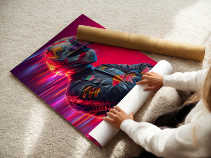 A woman is carefully rolling a fine art poster paper. The paper features Formula Racing artwork. This automotive wall art is perfect for car enthusiasts. Ideal for creating neon speed prints and posters.