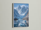 Mountain Glacier canvas artwork with a white frame. The landscape artwork captures the beauty of glaciers. The white frame adds a modern touch. Perfect for minimalist or Scandinavian decor styles.