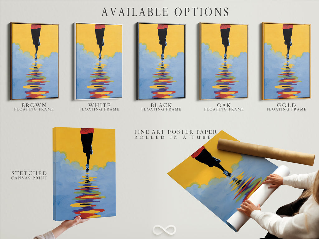 Explore the available options for the runner artwork. Choose between a stretched canvas print a fine art poster paper or a floating frame. This abstract marathon wall art is a modern sport artwork. Perfect gift for any athlete.