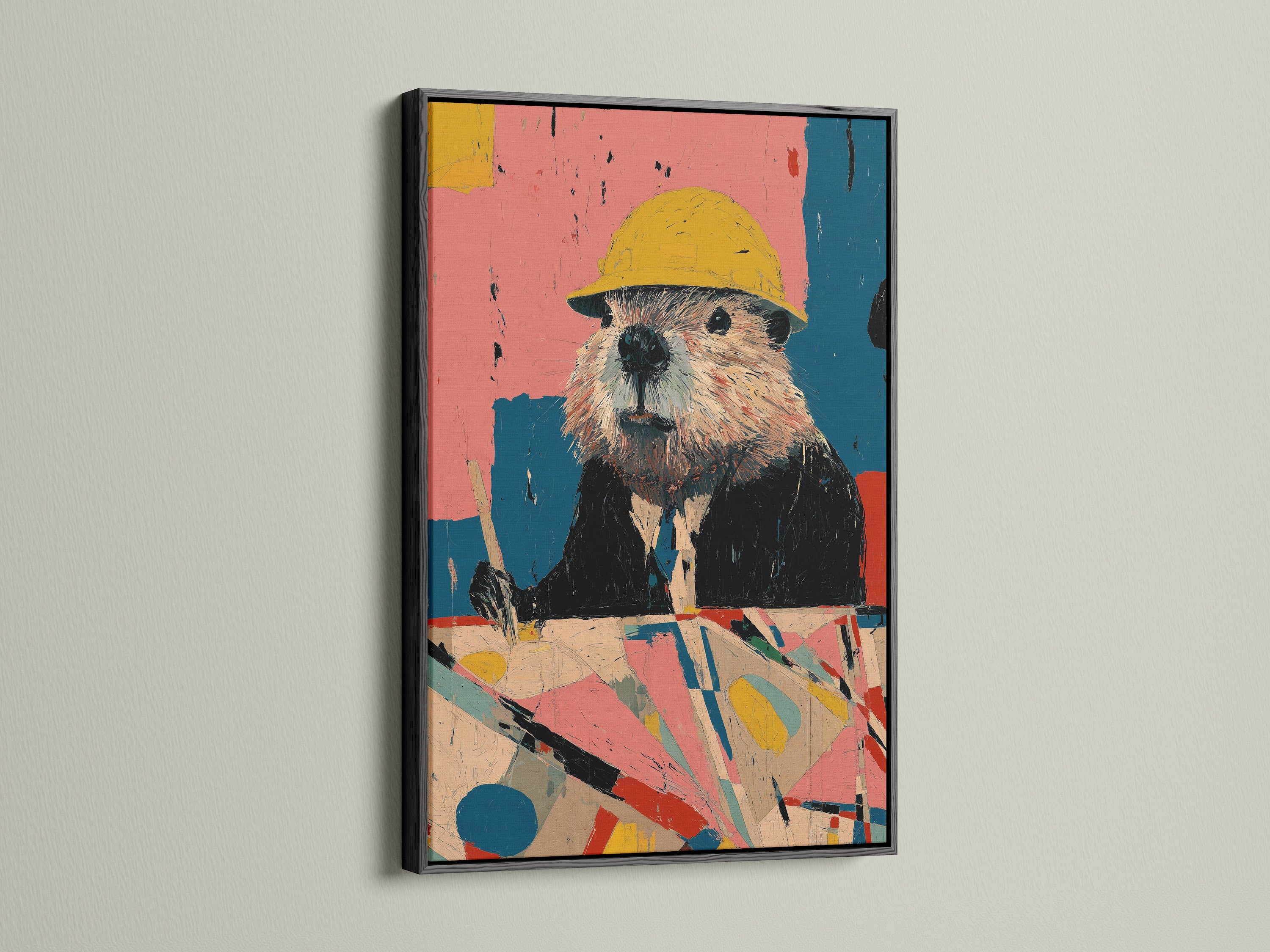 Beaver Construction Worker artwork in a black frame. This vintage animal art is perfect for office wall decor. The black frame adds a modern touch to the retro hard hat print. Ideal construction artwork for a stylish space.