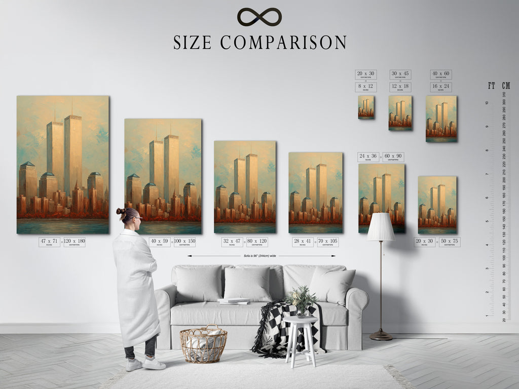 Size comparison chart of the NYC Skyline art in an interior setting. This artwork features the Twin Towers and vintage Manhattan cityscape. Visualize the perfect fit for your space. Available in various sizes for any room.