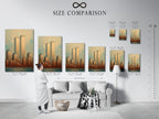 Size comparison chart of the NYC Skyline art in an interior setting. This artwork features the Twin Towers and vintage Manhattan cityscape. Visualize the perfect fit for your space. Available in various sizes for any room.