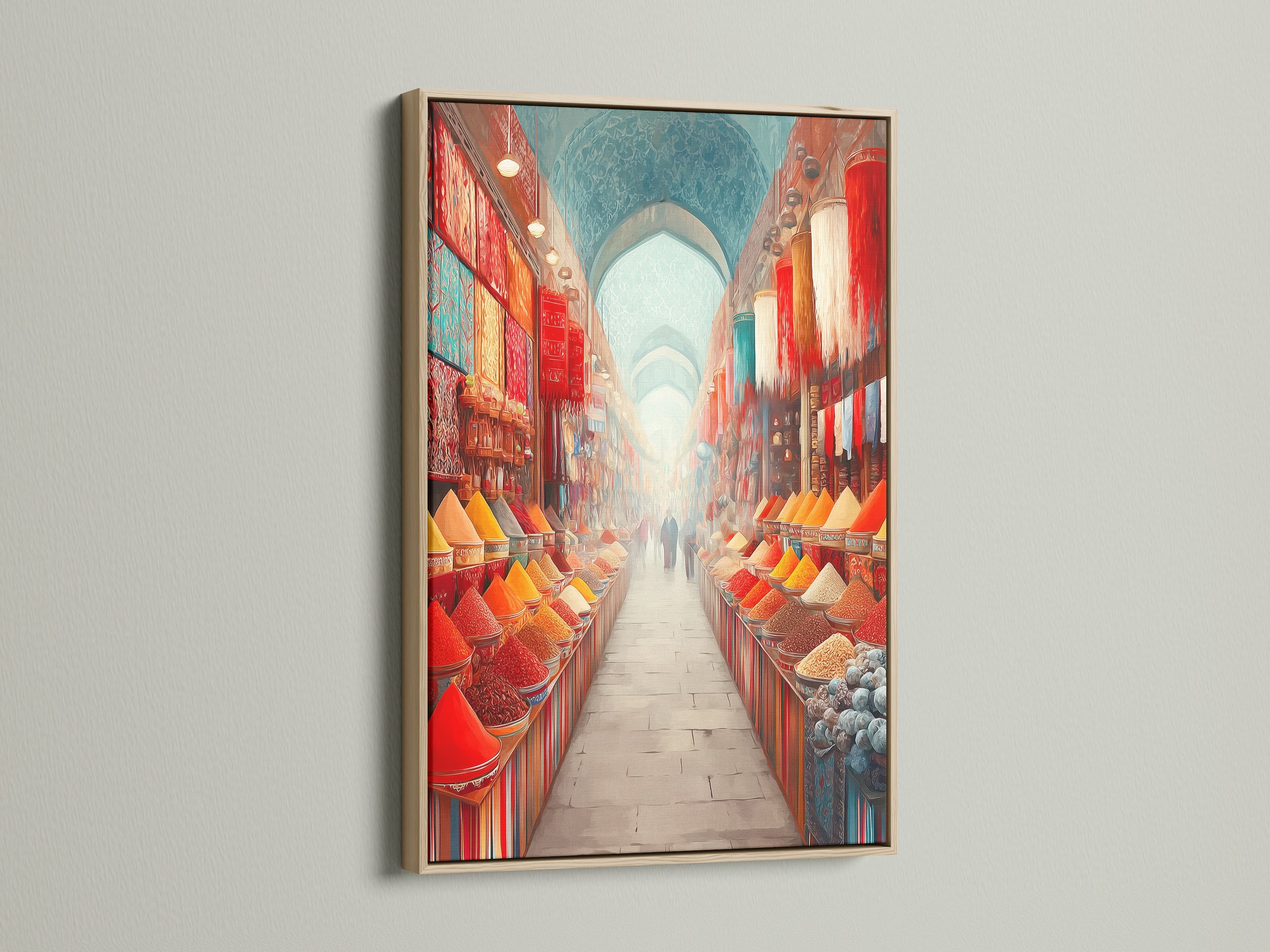 Spice Market canvas art with an oak frame. This exotic bazaar wall art is perfect for eclectic global or bohemian styles. The colorful food photography is ideal for a kitchen dining room or restaurant. Elevate your space with this modern wall decor.