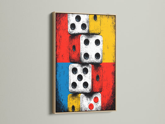 This is a vibrant dice artwork. It is beautifully showcased in an oak frame. The artwork adds a touch of retro flair to any room. Its primary colors are red and yellow. This piece is ideal for game rooms or office decor. Elevate your space with this vintage pop artwork.