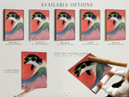 Available options include a stretched canvas print fine art poster paper and floating frame for this retro penguin artwork. Customize your display with this cool animal print. The quirky bird art with sunglasses against a red backdrop is perfect for kids room decor. Select the perfect format to enhance your playful art print and create a unique wall decor piece.