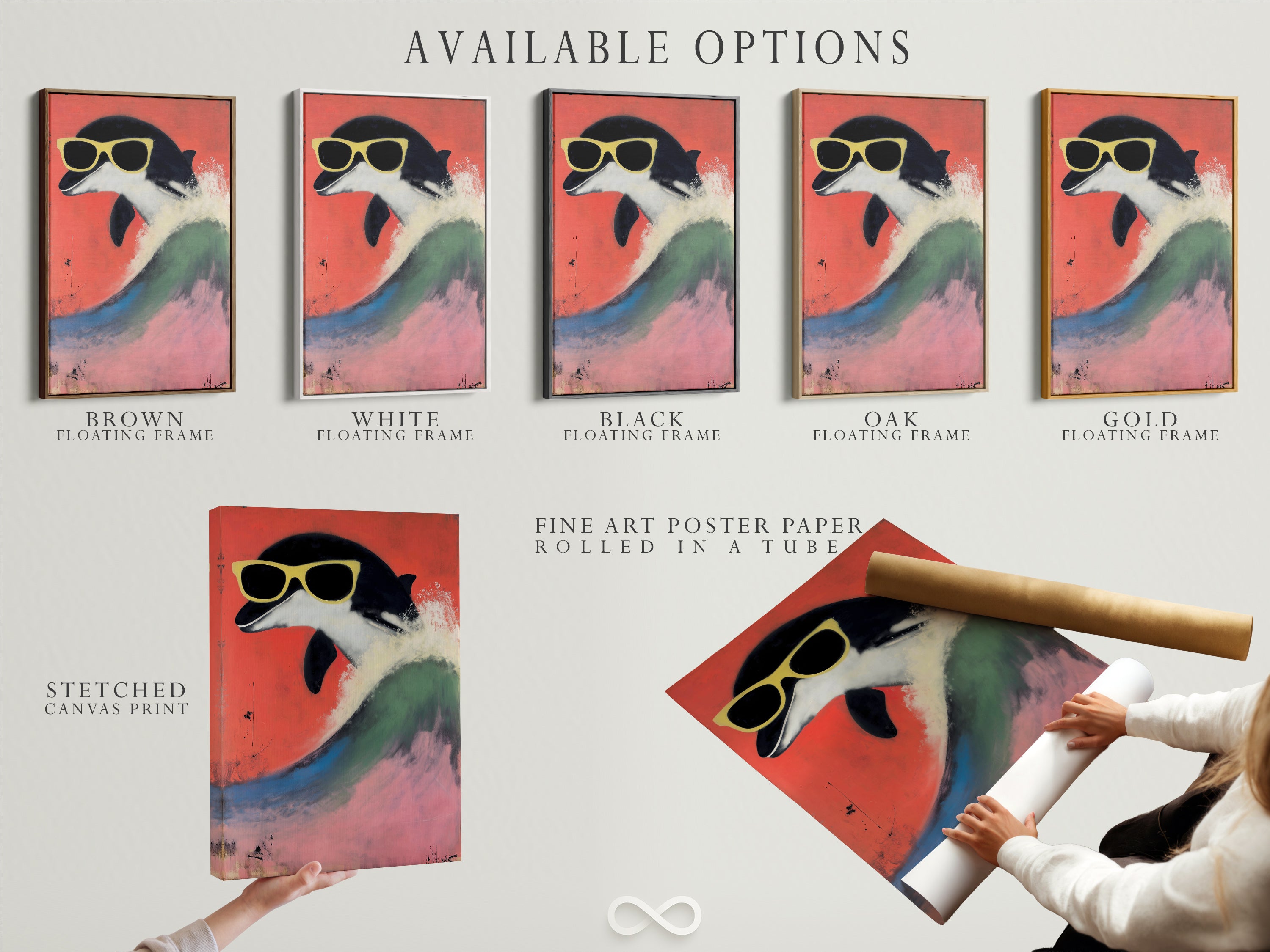Available options include a stretched canvas print fine art poster paper and floating frame for this retro penguin artwork. Customize your display with this cool animal print. The quirky bird art with sunglasses against a red backdrop is perfect for kids room decor. Select the perfect format to enhance your playful art print and create a unique wall decor piece.