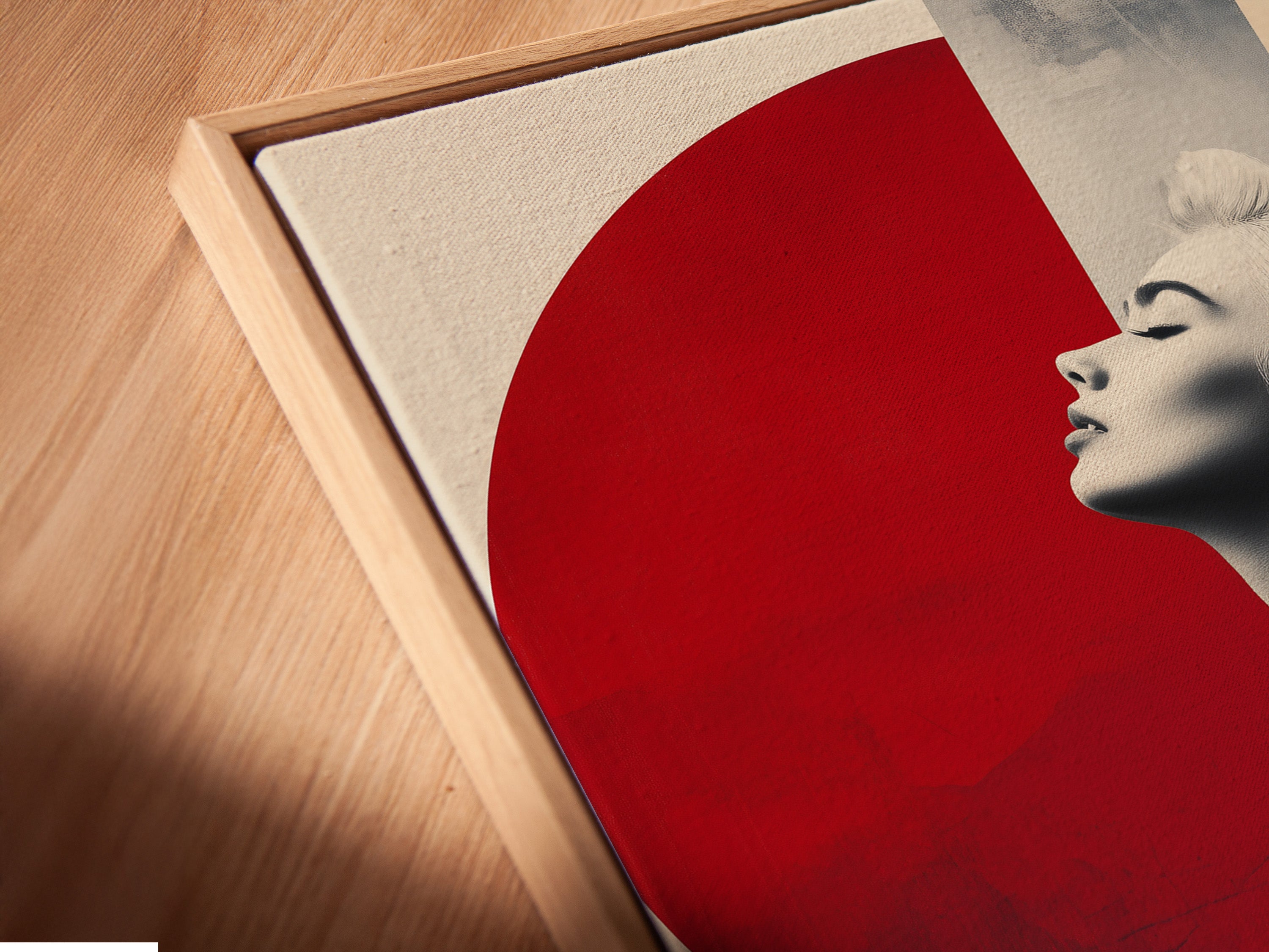 Get a close-up look at our canvas print in a floating frame. This angle showcases the detail of the retro dj woman artwork. See how this enhances your music room decor. This vintage music art is a great addition.