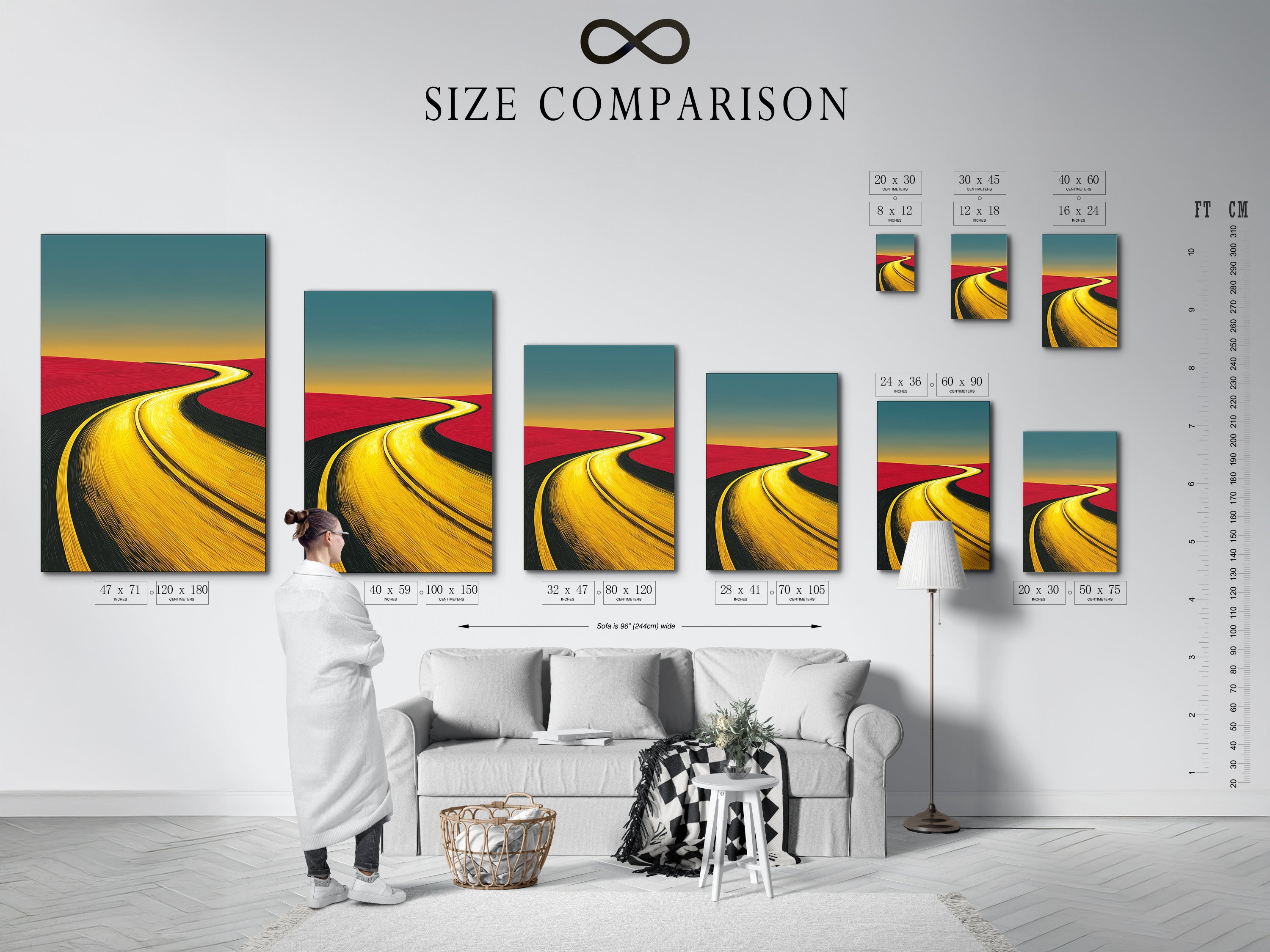 A size comparison chart is displayed in an interior setting. See how the desert road artwork fits in various spaces. The landscape canvas with earth tones enhances any room. This abstract wall art is great for visualizing office decor or home art. Find the perfect size for your needs.