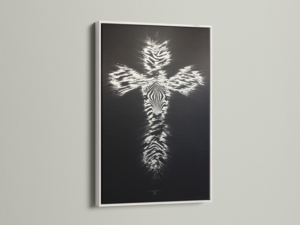 This Christian Cross Wall Art is displayed in a white frame. This modern religious canvas print features a zebra pattern cross artwork. Perfect for adding a faith-inspired accent to your bedroom living room or office. This artwork is ideal for Christians and art enthusiasts.