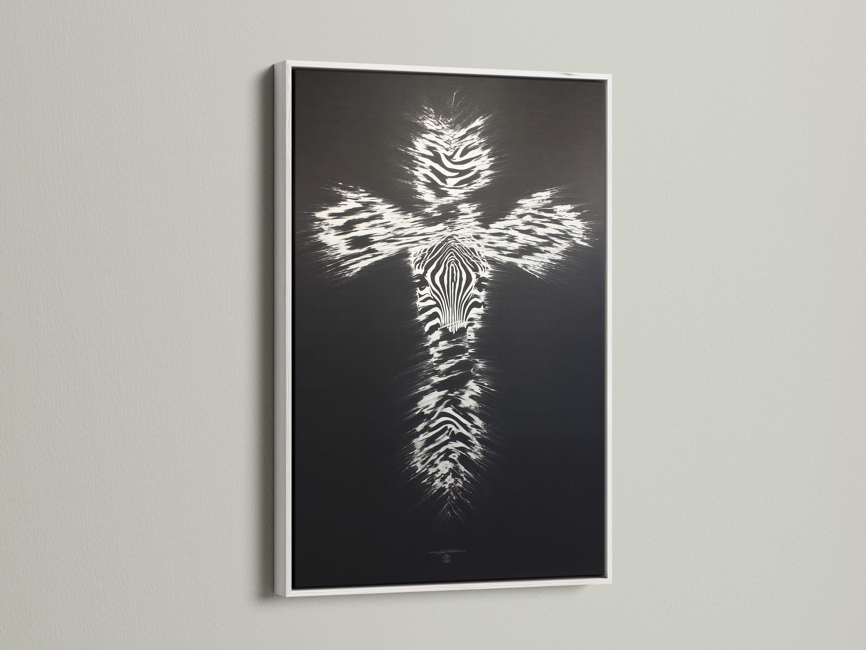 This Christian Cross Wall Art is displayed in a white frame. This modern religious canvas print features a zebra pattern cross artwork. Perfect for adding a faith-inspired accent to your bedroom living room or office. This artwork is ideal for Christians and art enthusiasts.