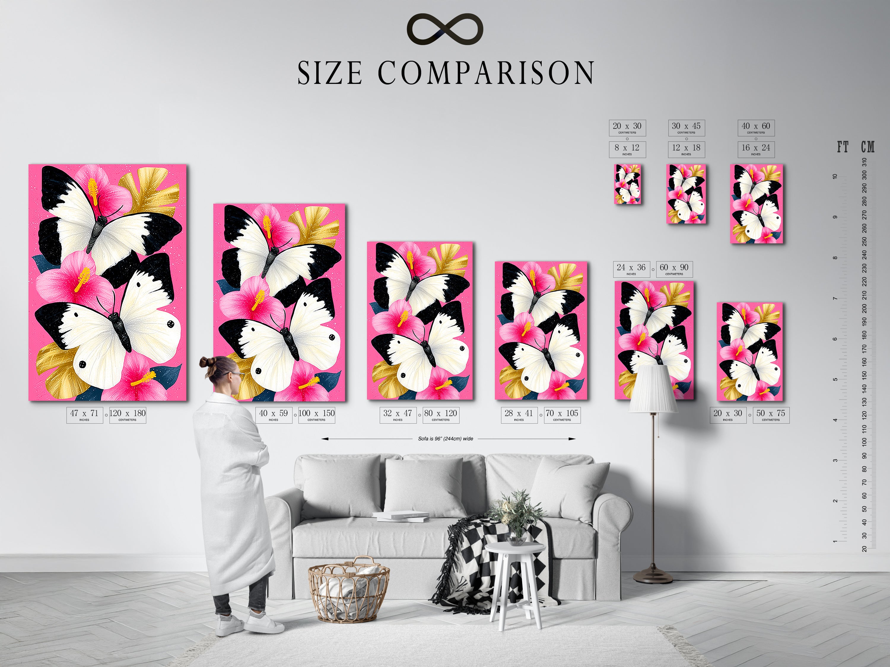 Size comparison chart in an interior setting featuring the butterfly canvas print. The artwork displays pink hibiscus wall art with white butterflies. Perfect for visualizing how this vibrant art will fit in your space.