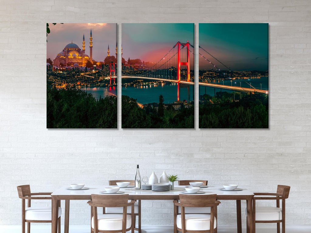 Istanbul Bosphorus Panoramic Wall Art, Sunset Over Suleymaniye Mosque and Bosphorus Bridge, Turkish Cityscape Canvas Print for Office Decor
