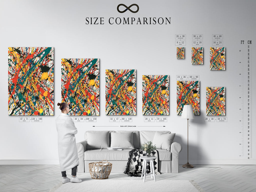 This image displays a size comparison chart in an interior setting. The chart helps visualize different art sizes in a room. Find the perfect size art for your space. Use our size comparison chart to make informed decisions. Visualize art in your home before you buy. Ensure the perfect fit with our guide.