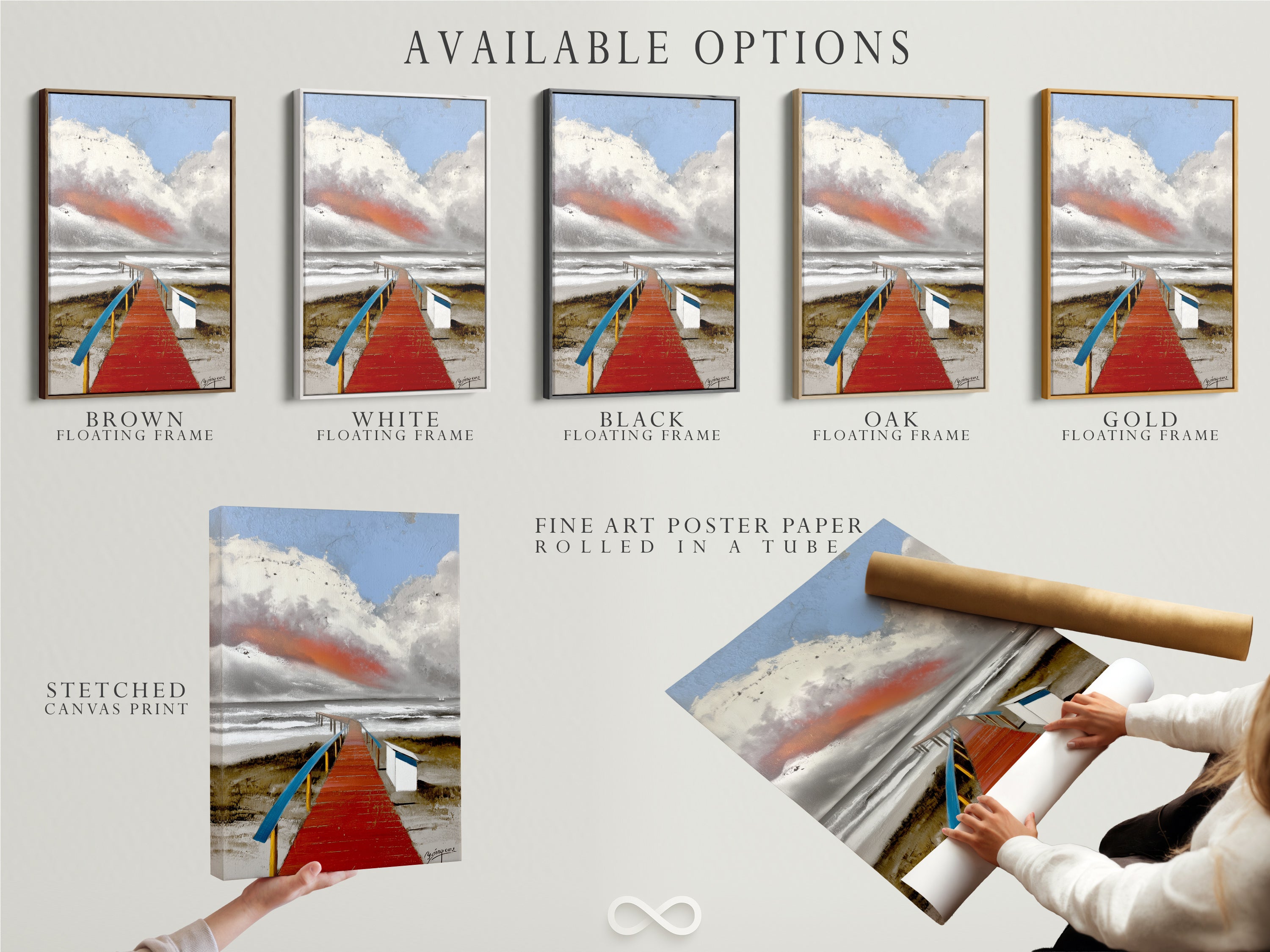 Available options for the coastal artwork. Choose from a stretched canvas print a fine art poster paper or a floating frame. The beach boardwalk artwork brings the ocean to your home. Customize your decor with these versatile options for coastal and tropical themes.