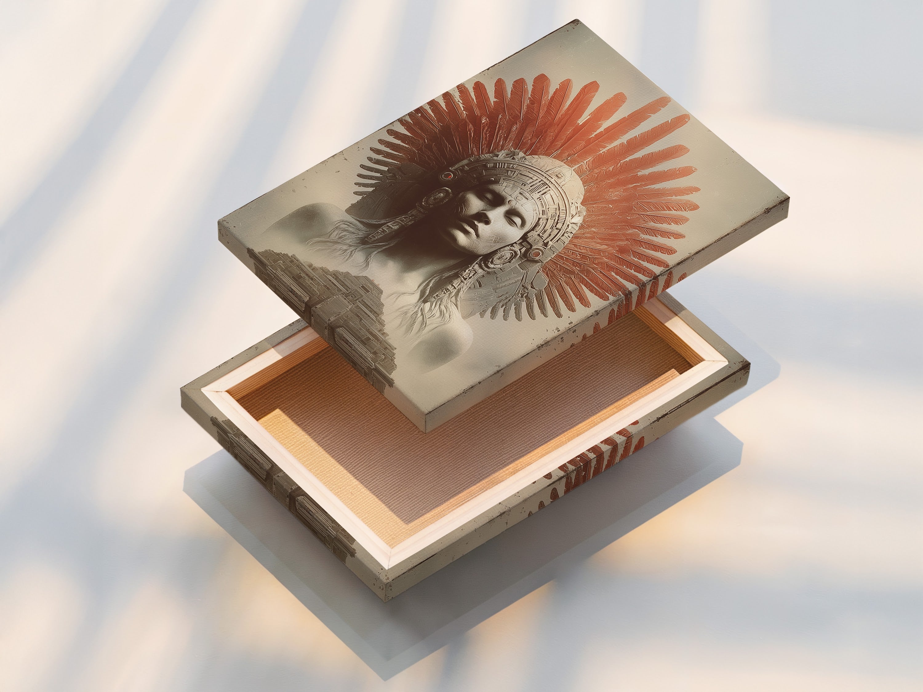 A stretched canvas print is displayed. The canvas texture enhances the artwork. The artwork features an indigenous person with red feathers and a temple. The canvas adds depth and dimension. Explore our range of canvas art. Transform your walls with stunning visuals.