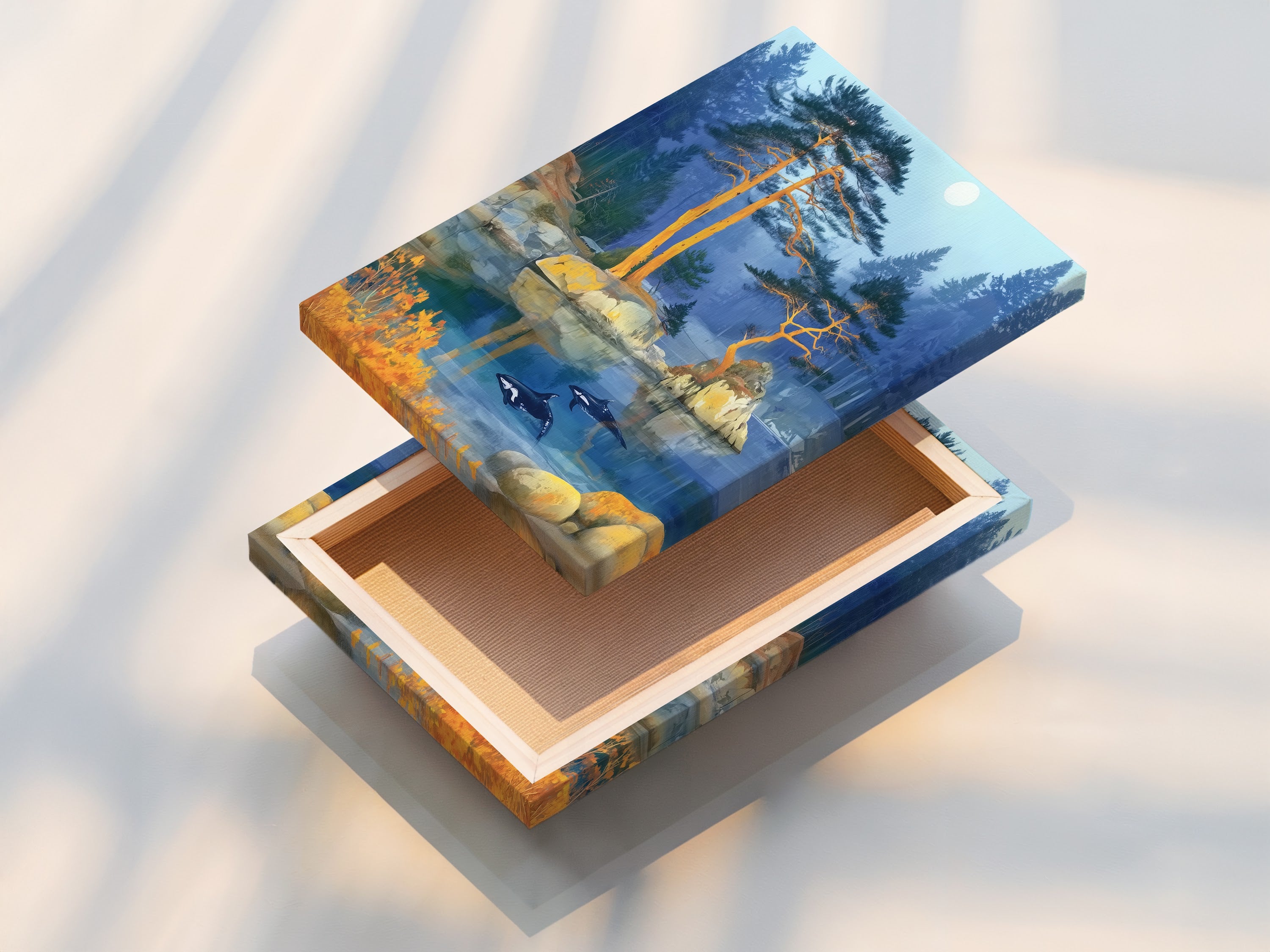 A stretched canvas print of the Orca Lake artwork. The artwork captures a serene lake scene with orcas and pine trees. The stretched canvas provides a gallery-ready appearance. This canvas print will elevate your home decor. Perfect for living rooms bedrooms or offices.