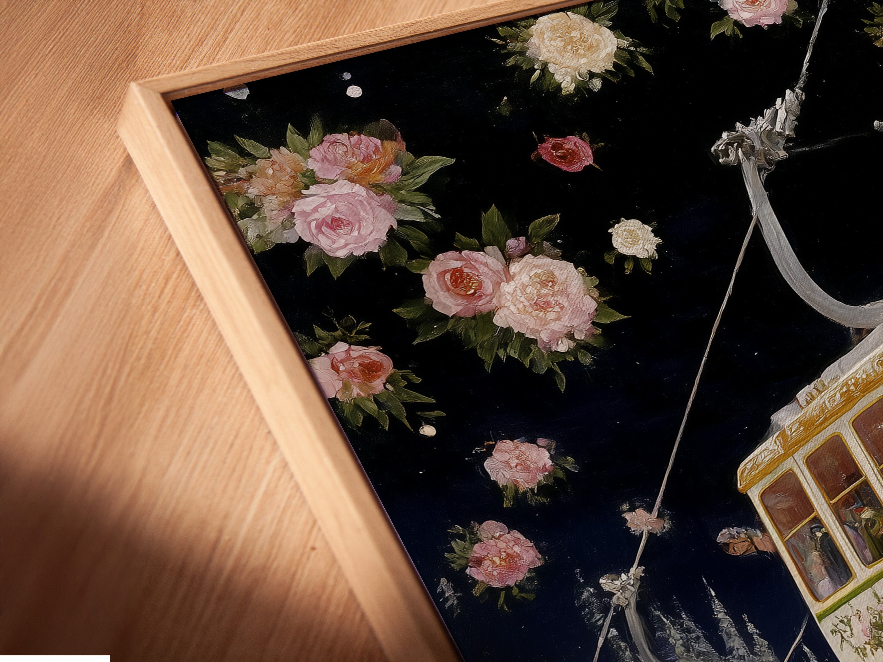 Angled close up of a ski resort canvas print in a floating frame. This vintage floral alpine wall artwork features a gondola winter landscape. Perfect for living room wall art and bedroom wall decor. Enhance your space with this ski art print.