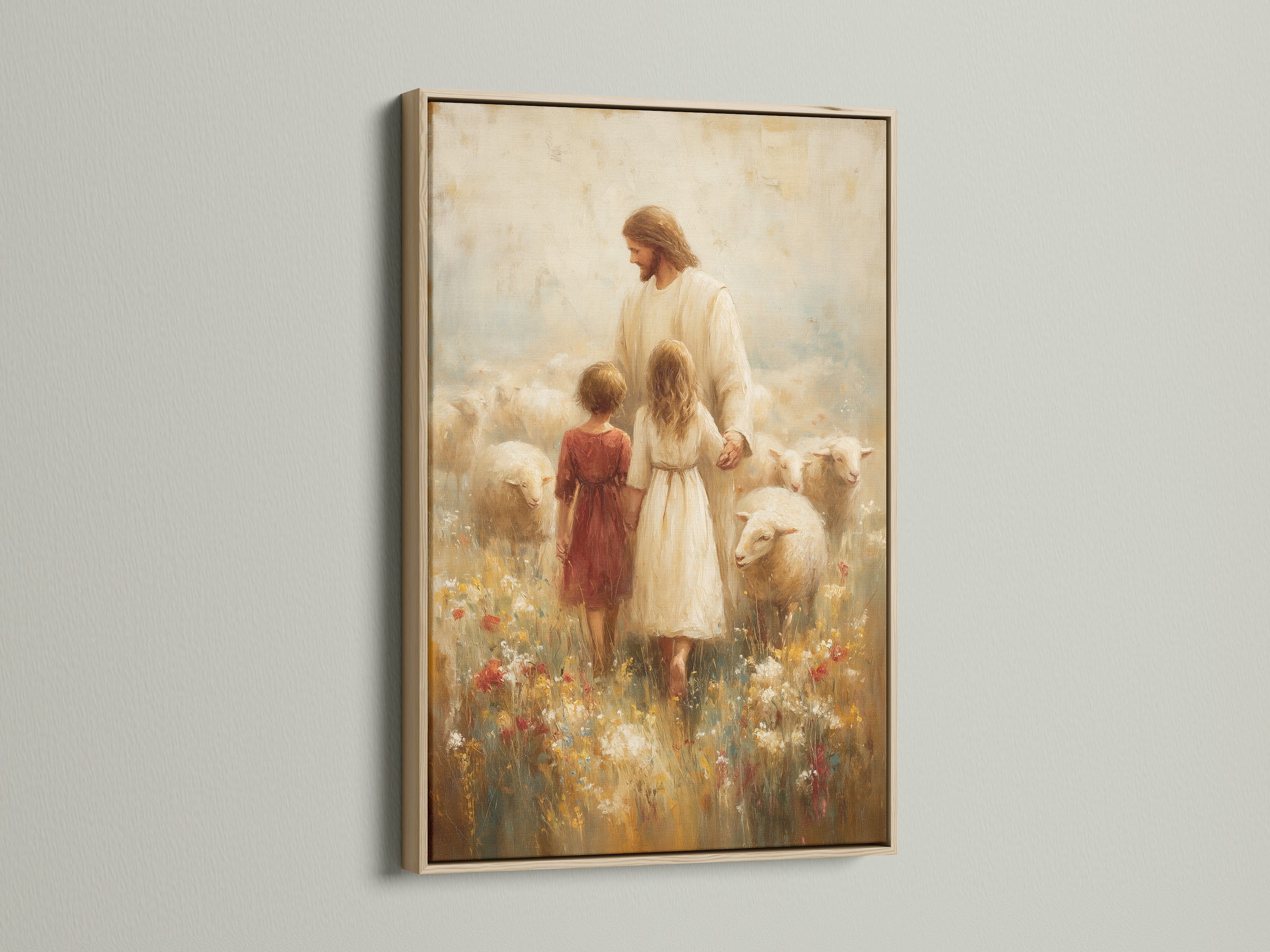 This is a serene fine art print of Jesus with children and sheep. The print is framed in a light oak frame. The frame enhances the art. It brings warmth and natural beauty to the piece. Consider this framed artwork for a peaceful touch to your space.