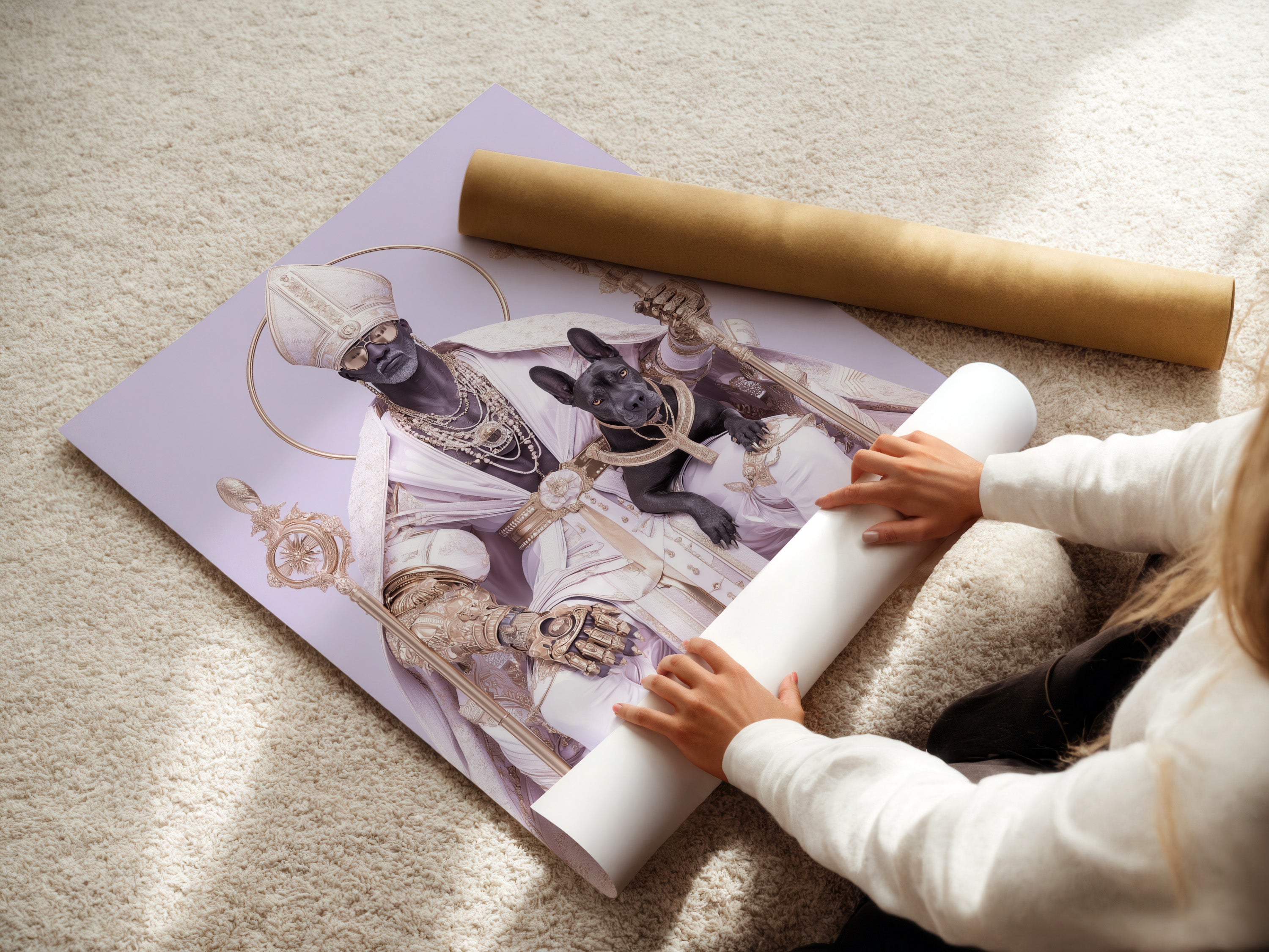 A woman is carefully rolling a fine art poster paper featuring religious artwork. The Saint Nicholas art print showcases contemporary gold and purple colors. The fine art poster paper ensures high quality. It's perfect for homeowners and renters seeking unique wall decor