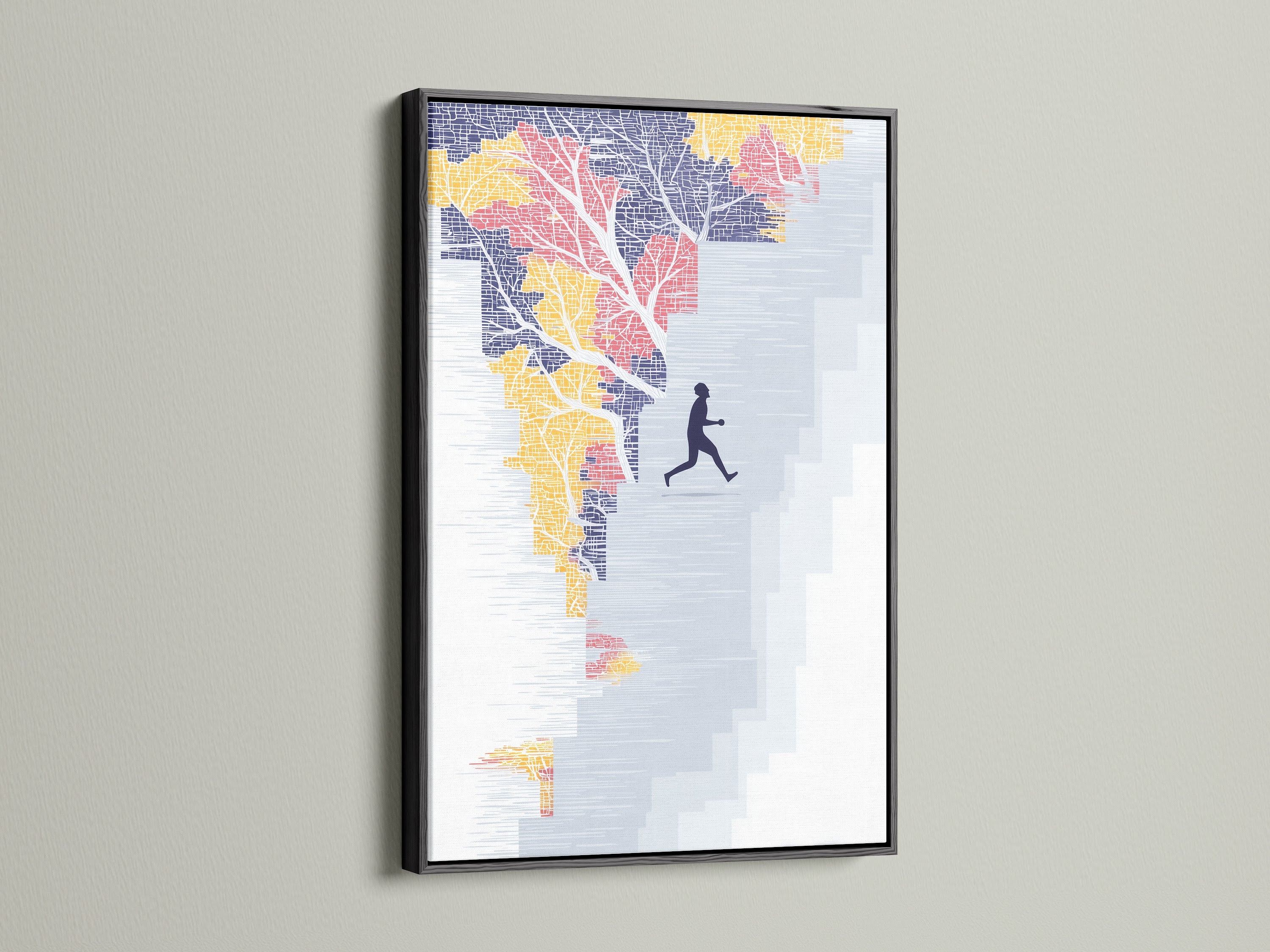 Running Man Canvas Print showcasing a black frame. Ideal for modern spaces abstract stairs wall art makes a statement. Boost motivation with this office artwork. The teal and orange palette adds a contemporary touch to any room.