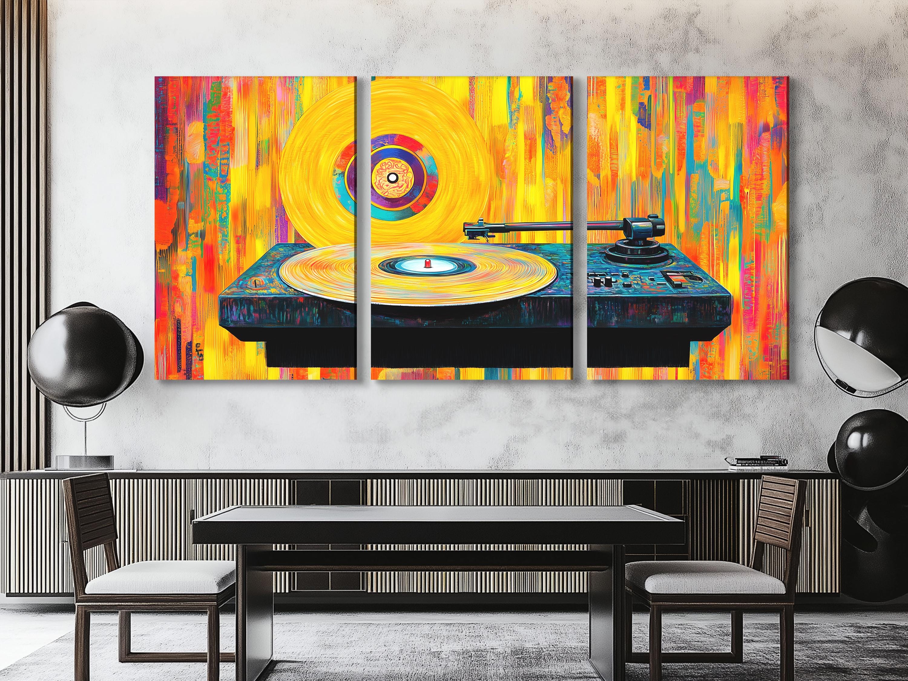 Vinylplaat wandkunst, kleurrijke platenspeler, canvas print, abstracte muziekstudio-inrichting, retro-muzikant cadeau, moderne DJ-kunst, woonkamerkunst
